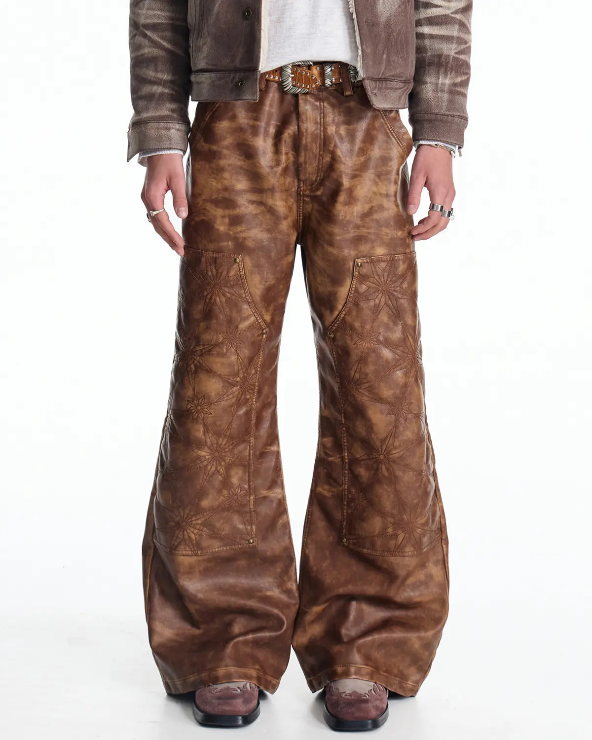 EMO Distressed Studded Faux Leather Trouser