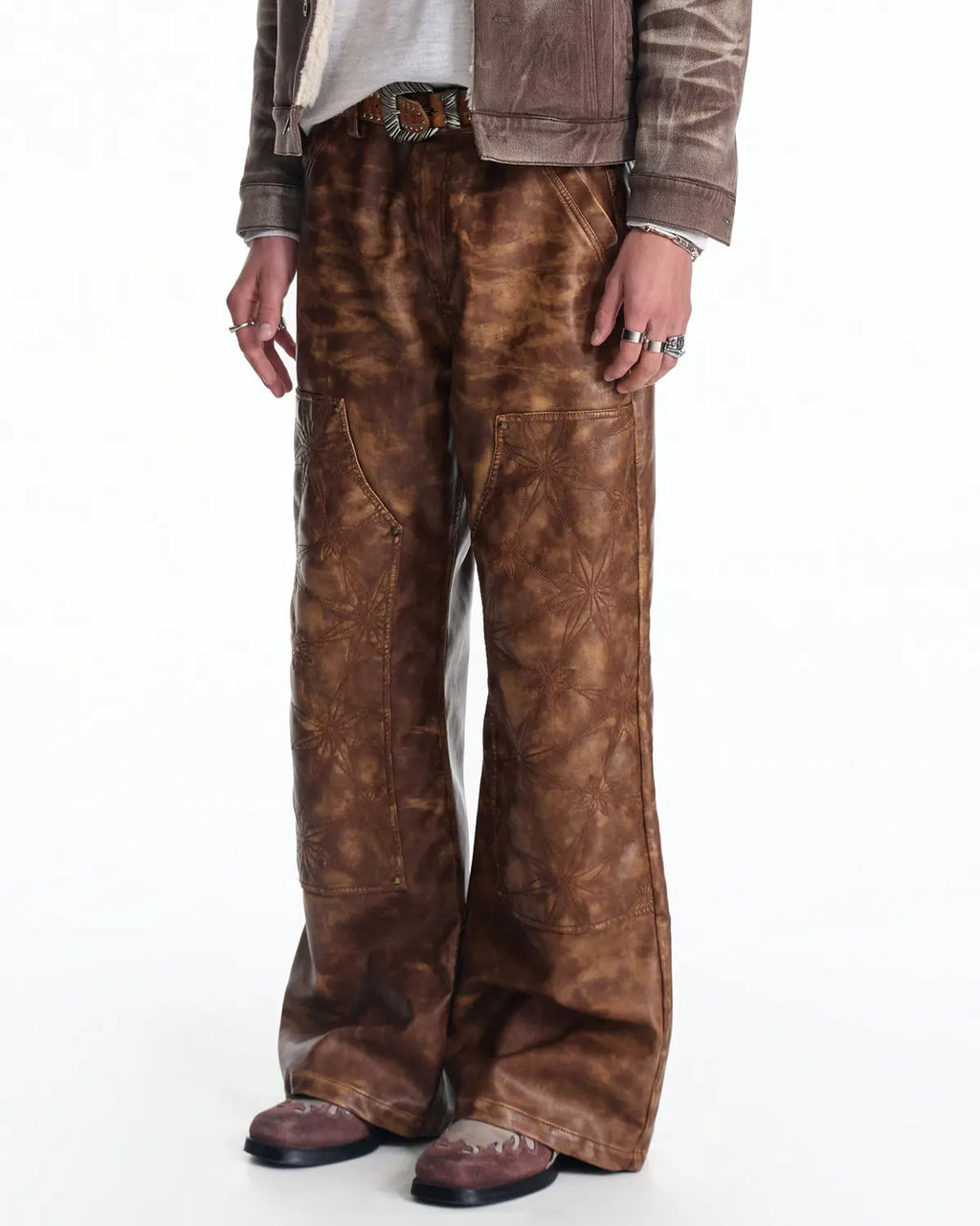 EMO Distressed Studded Faux Leather Trouser