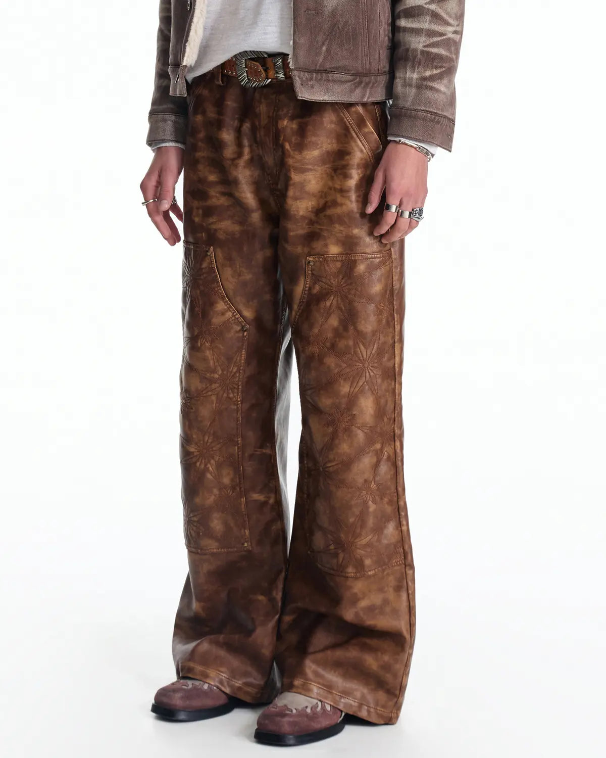EMO Distressed Studded Faux Leather Trouser