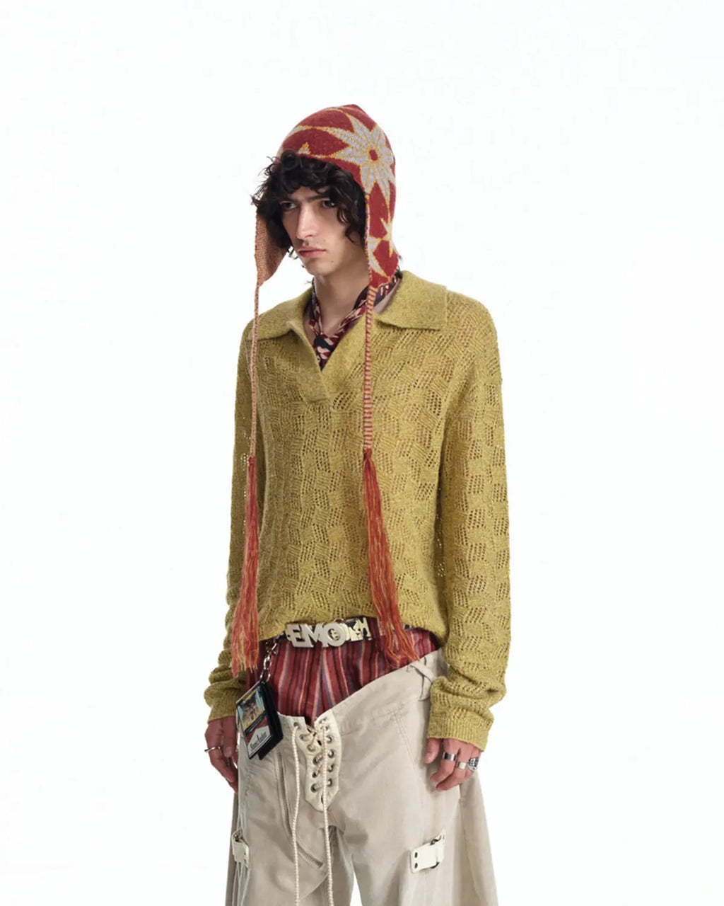 EMO Open-Neck Diamond Knit Relaxed Polo