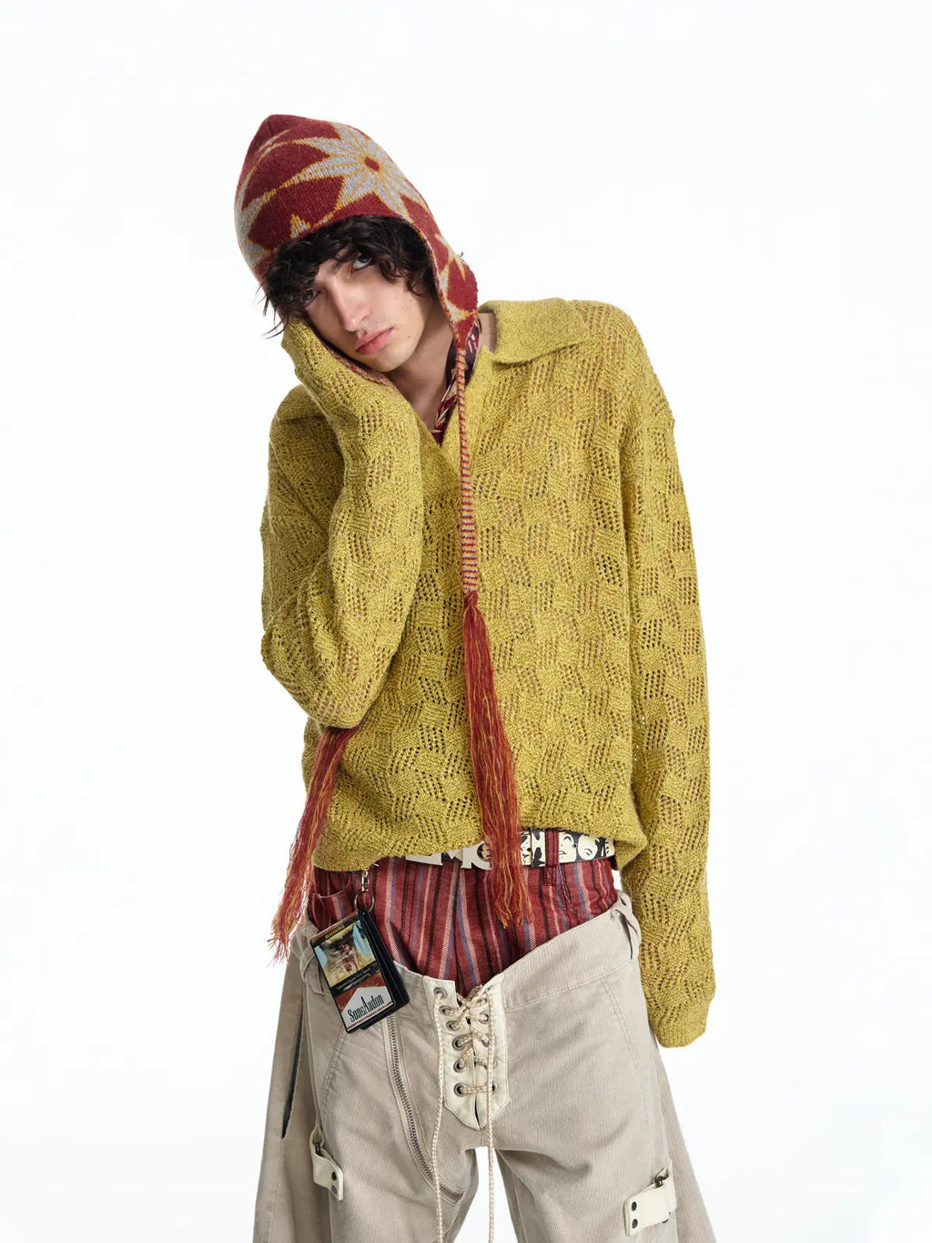 EMO Open-Neck Diamond Knit Relaxed Polo