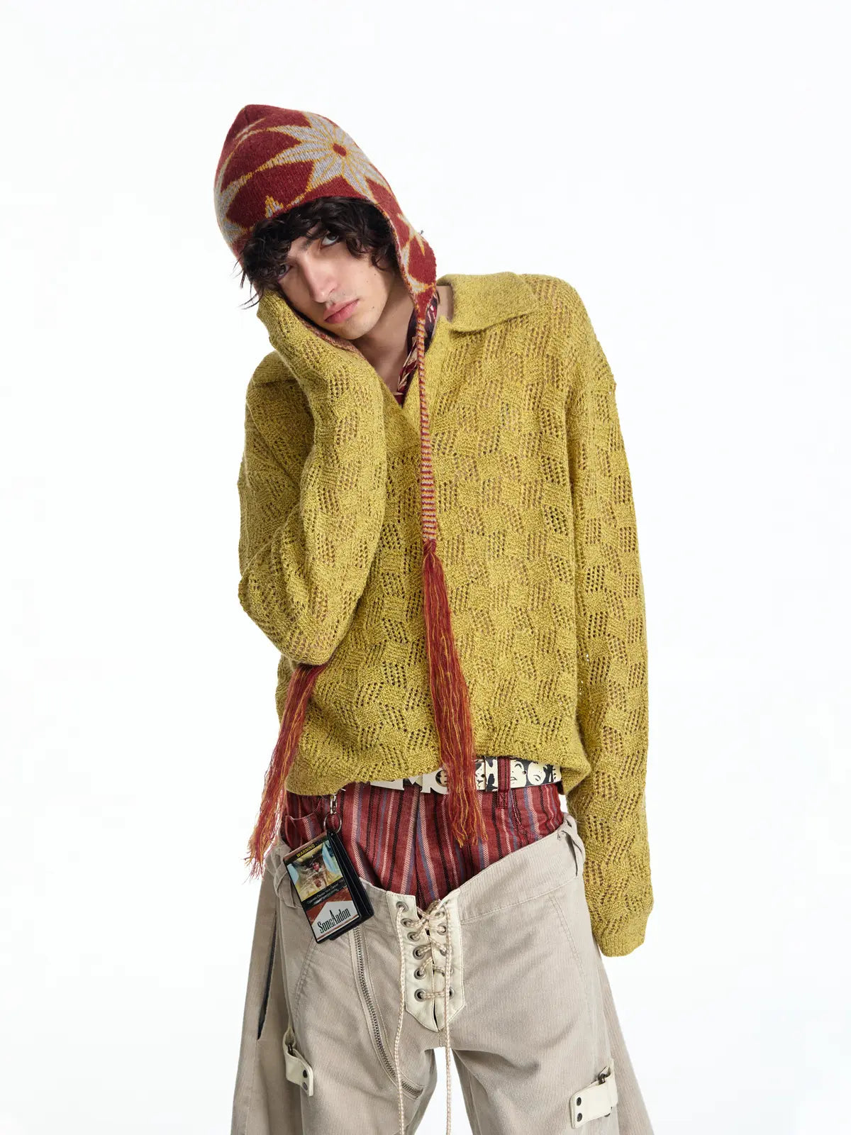 EMO Open-Neck Diamond Knit Relaxed Polo