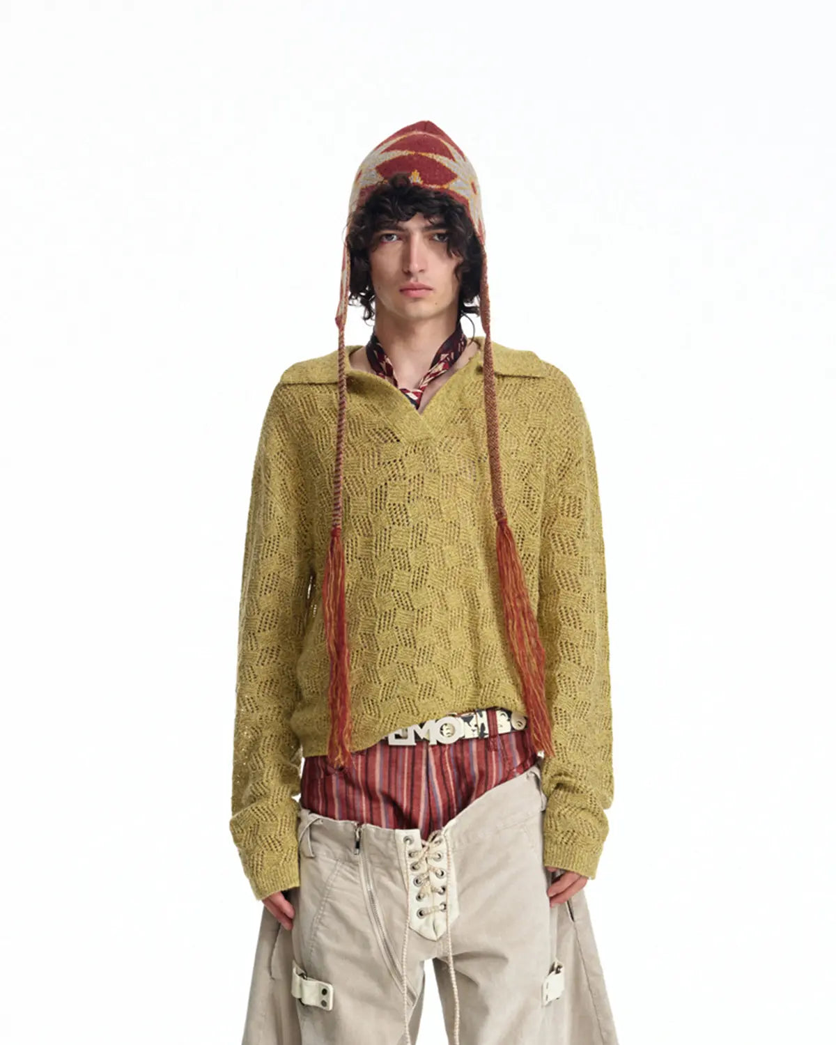 EMO Open-Neck Diamond Knit Relaxed Polo