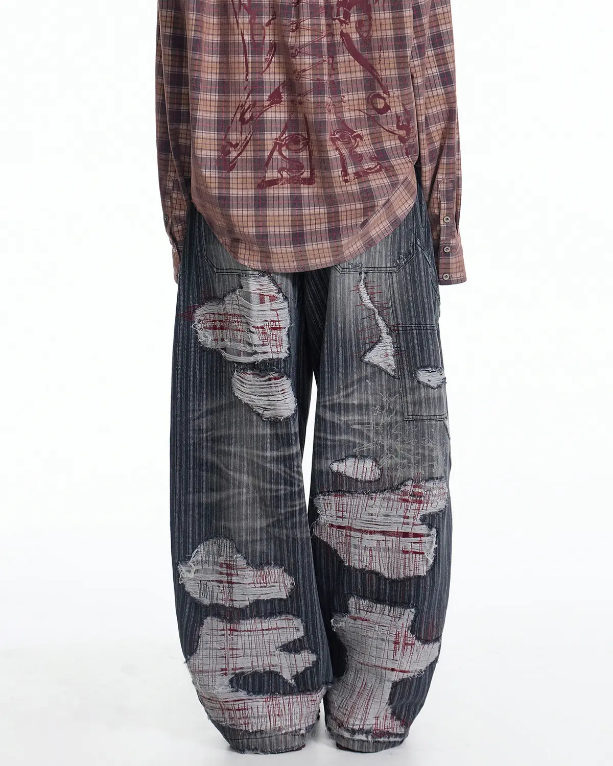 EMO Vertical Stripe Ripped Retro Jeans