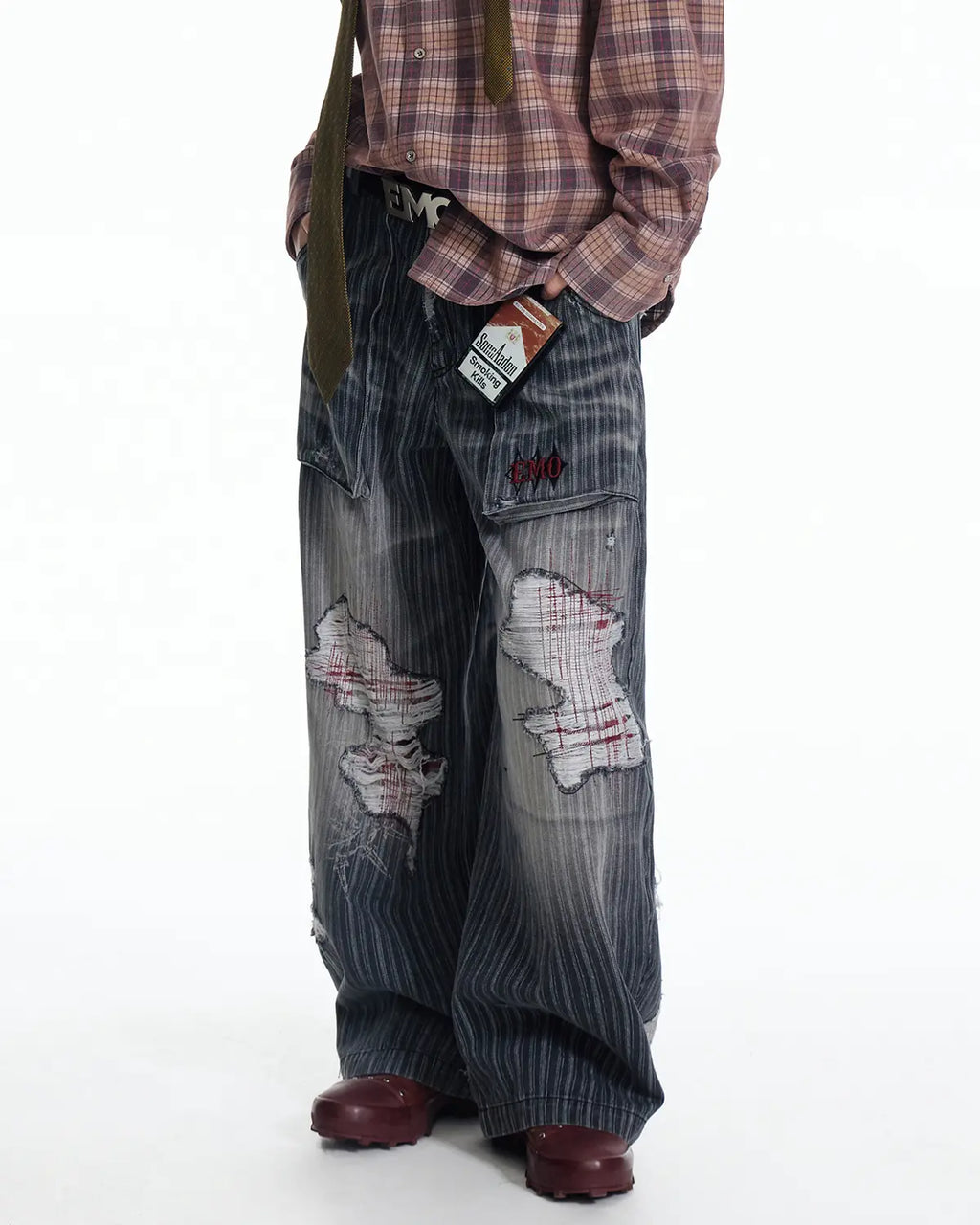 EMO Vertical Stripe Ripped Retro Jeans