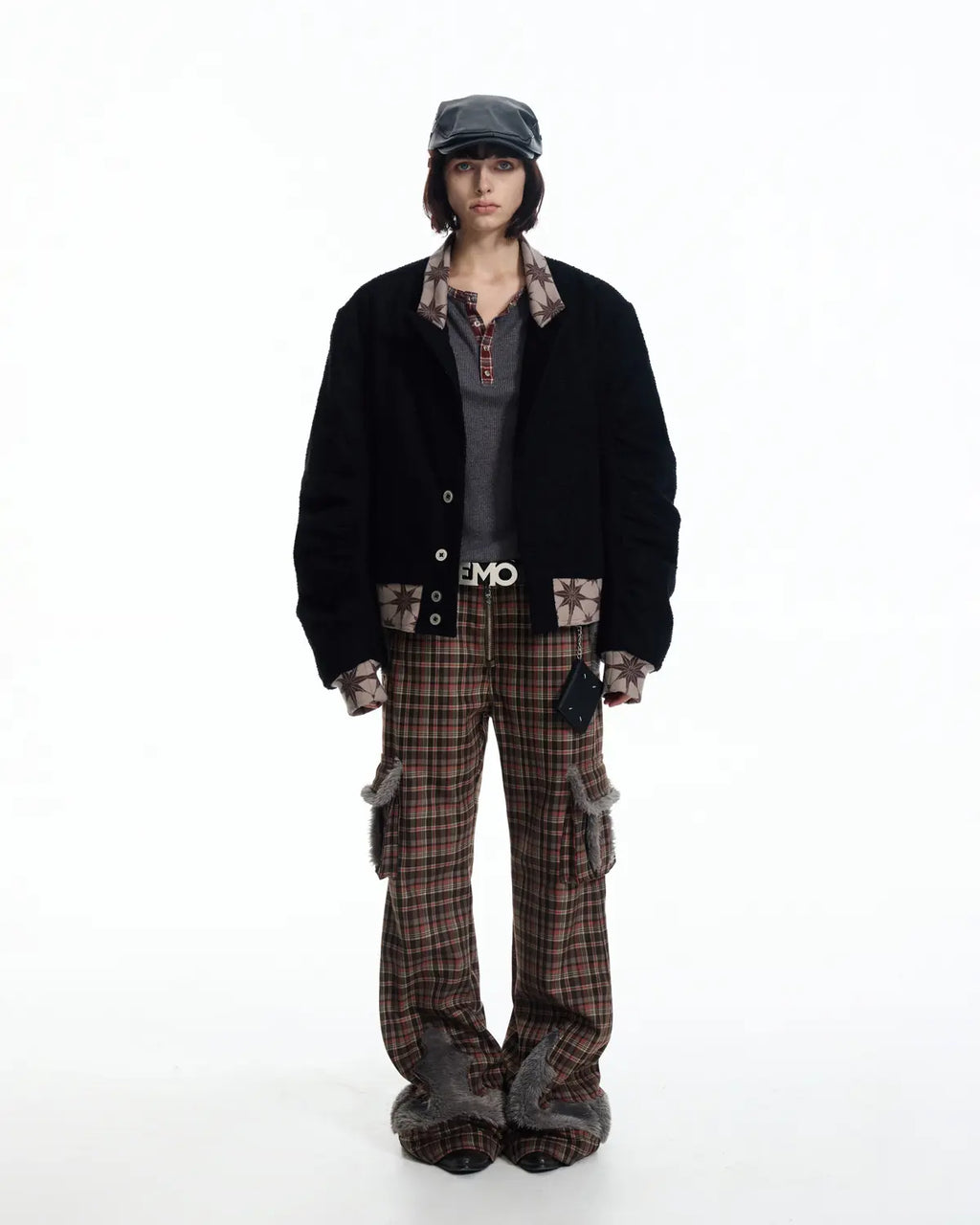 EMO Check Knit-Panel Flare Pants