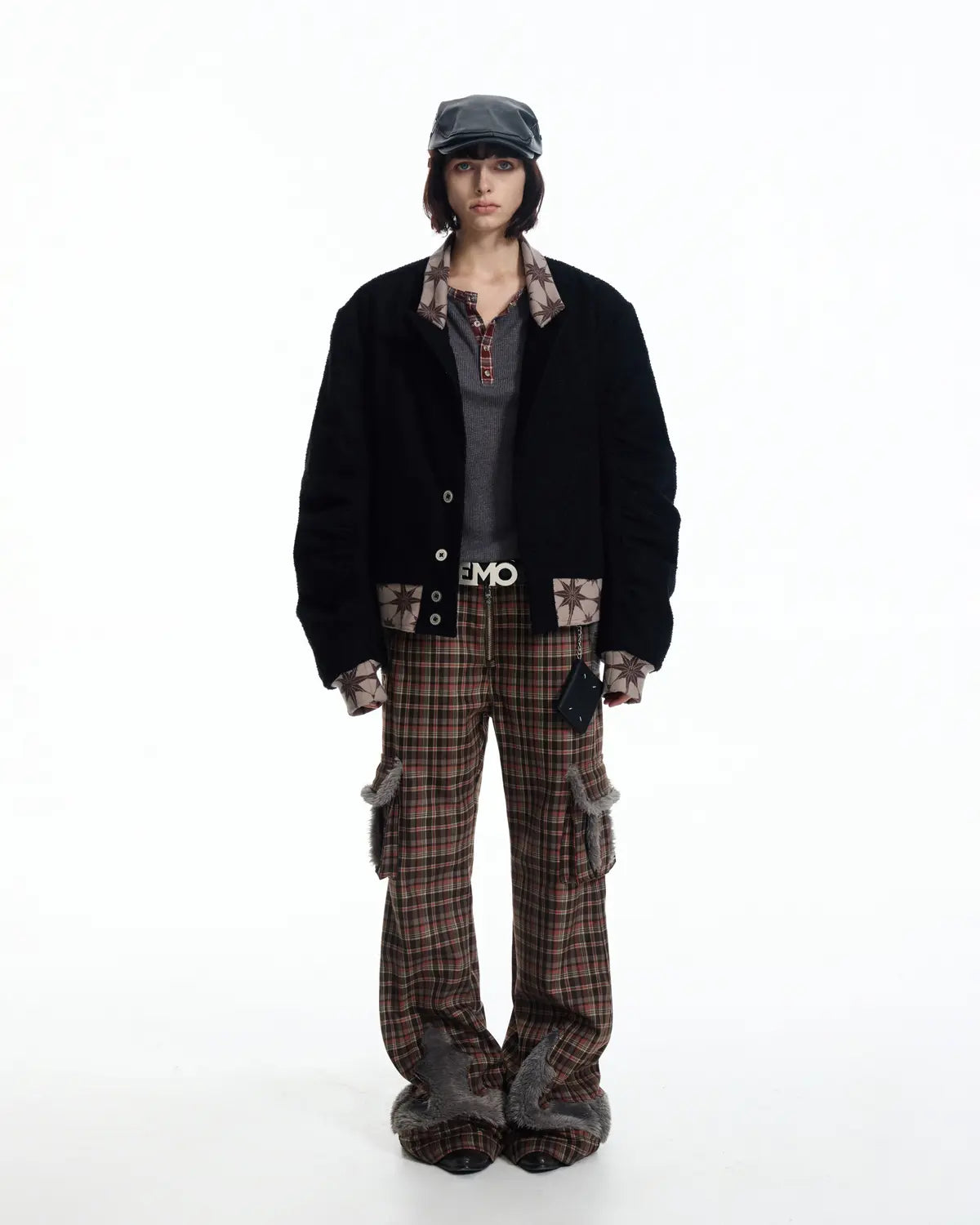 EMO Check Knit-Panel Flare Pants