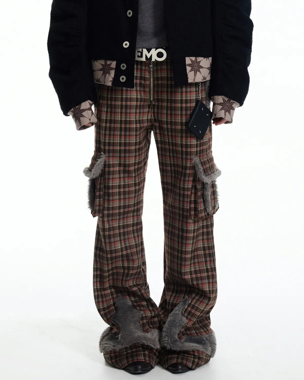 EMO Check Knit-Panel Flare Pants