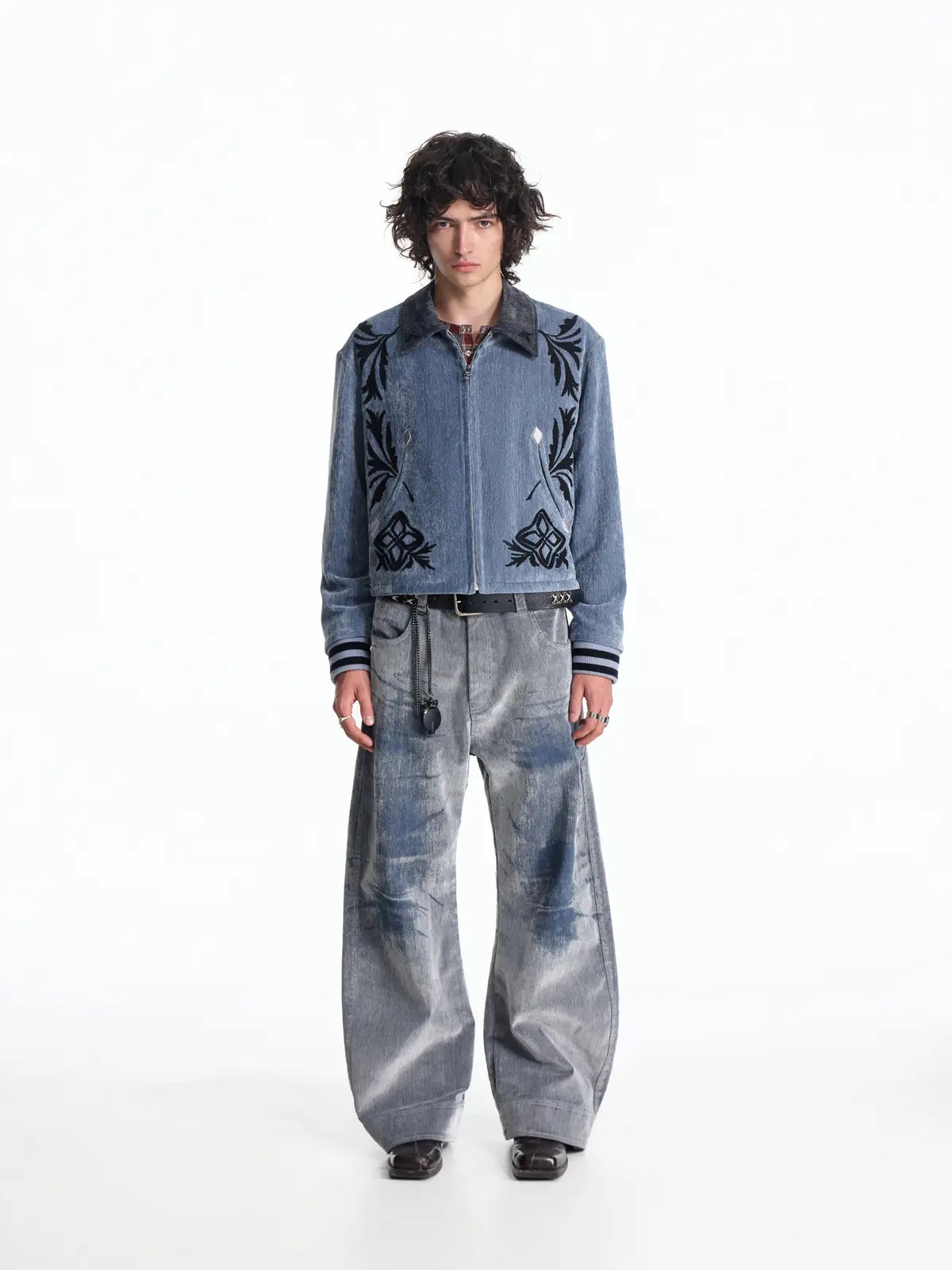 EMO Vintage Velvet Panel Baseball Jacket