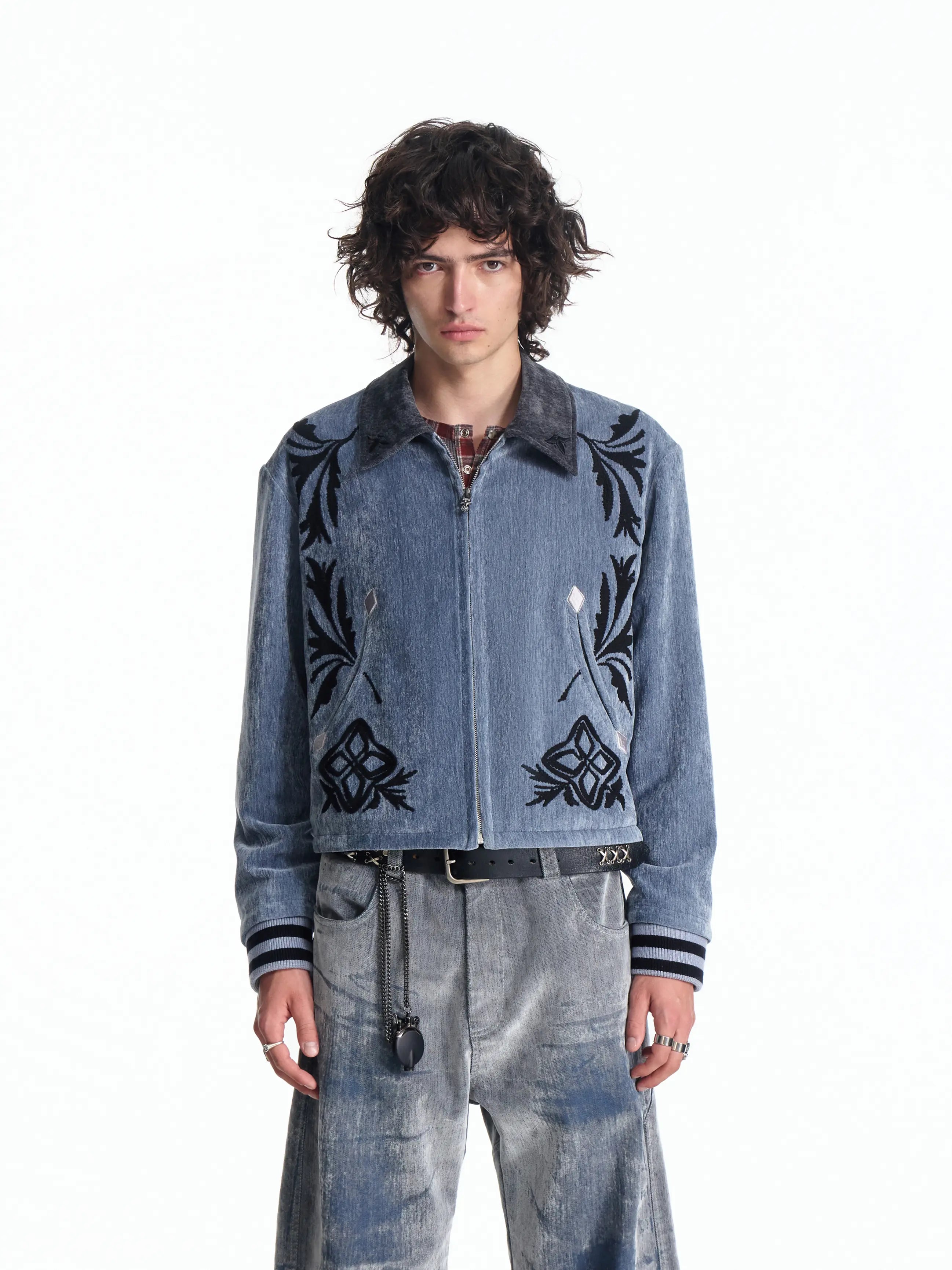 EMO Vintage Velvet Panel Baseball Jacket
