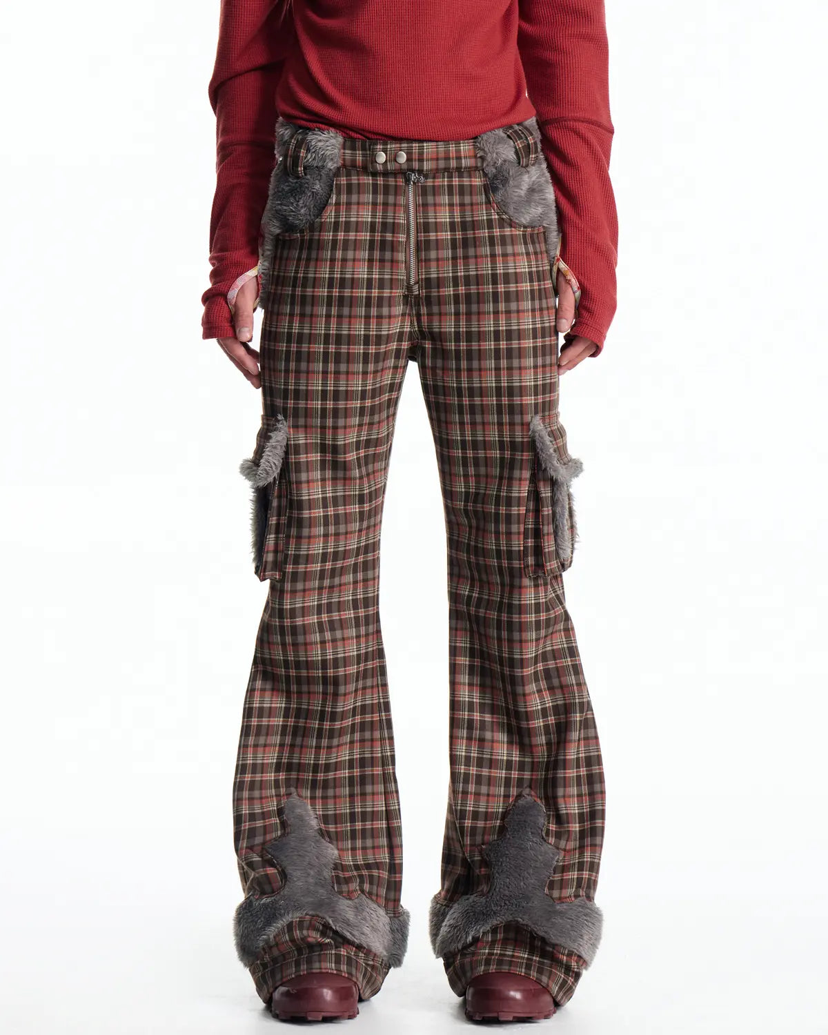 EMO Check Knit-Panel Flare Pants