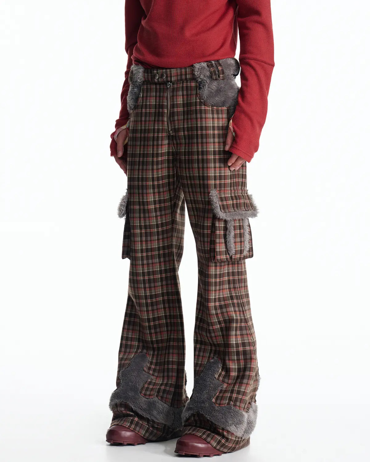EMO Check Knit-Panel Flare Pants