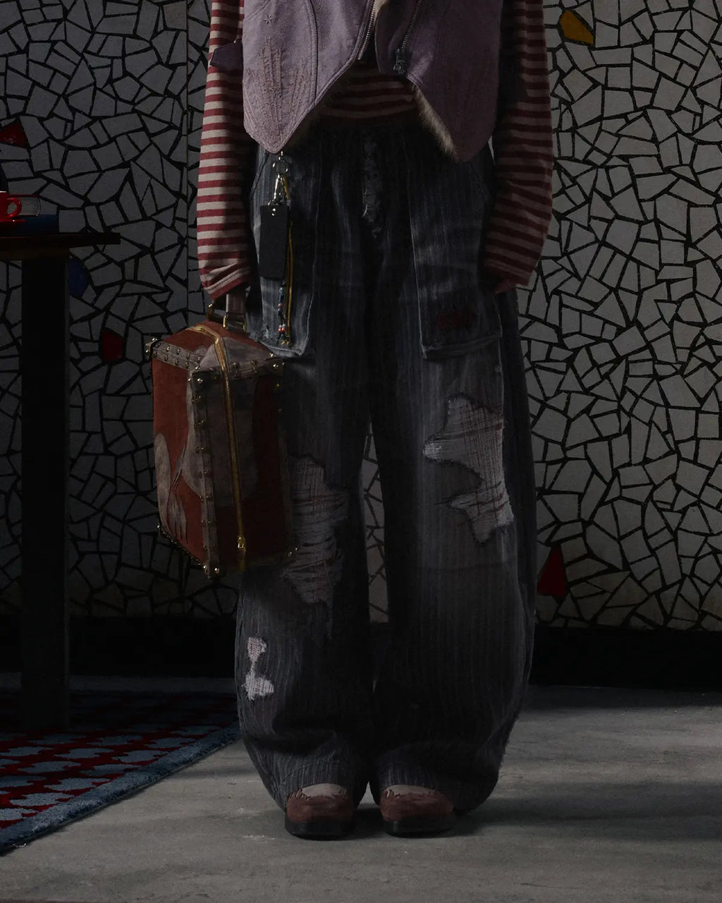 EMO Vertical Stripe Ripped Retro Jeans