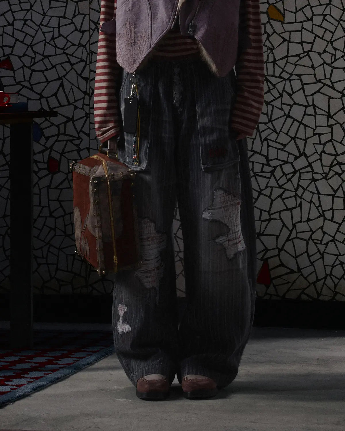 EMO Vertical Stripe Ripped Retro Jeans