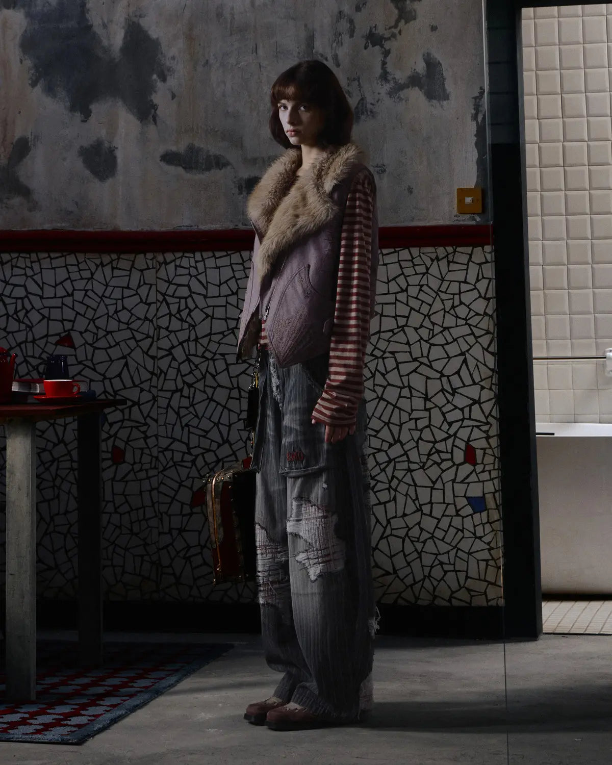 EMO Vertical Stripe Ripped Retro Jeans