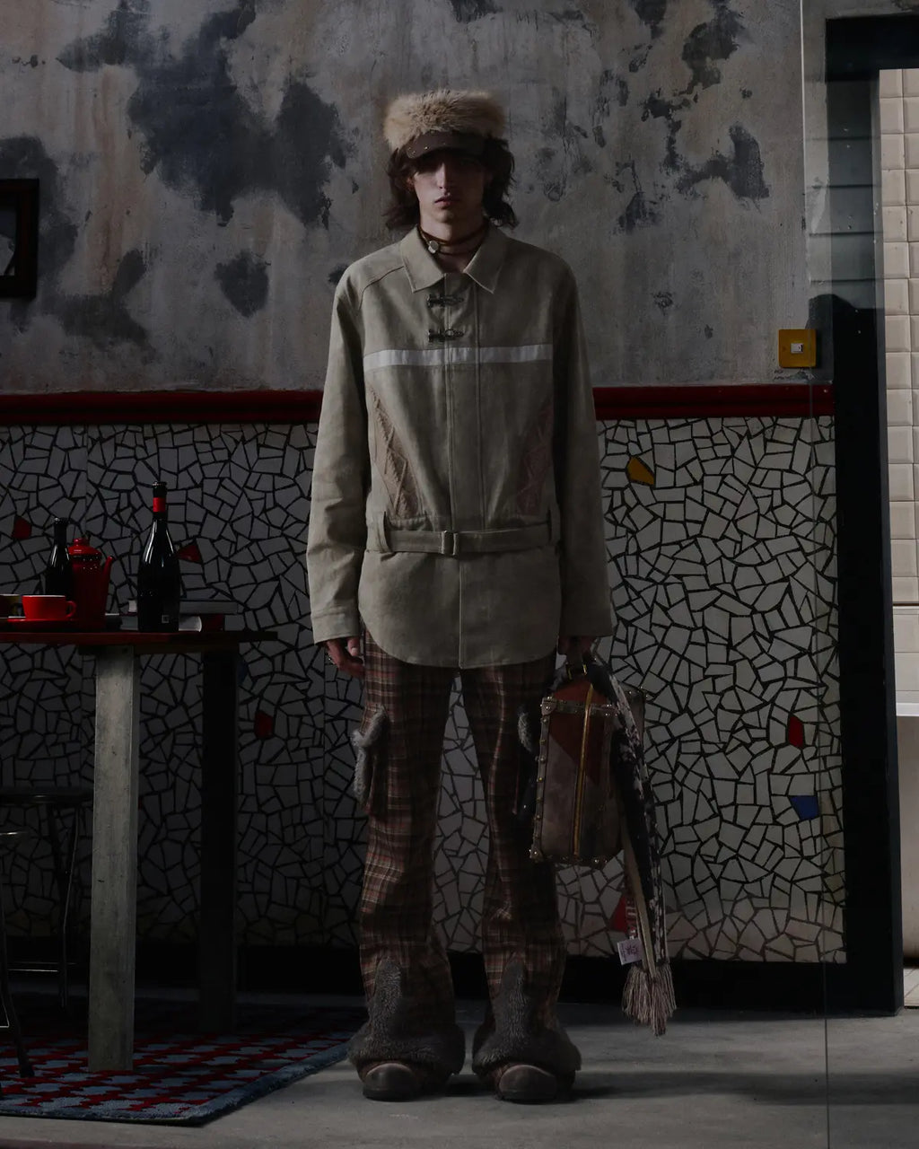 EMO Check Knit-Panel Flare Pants