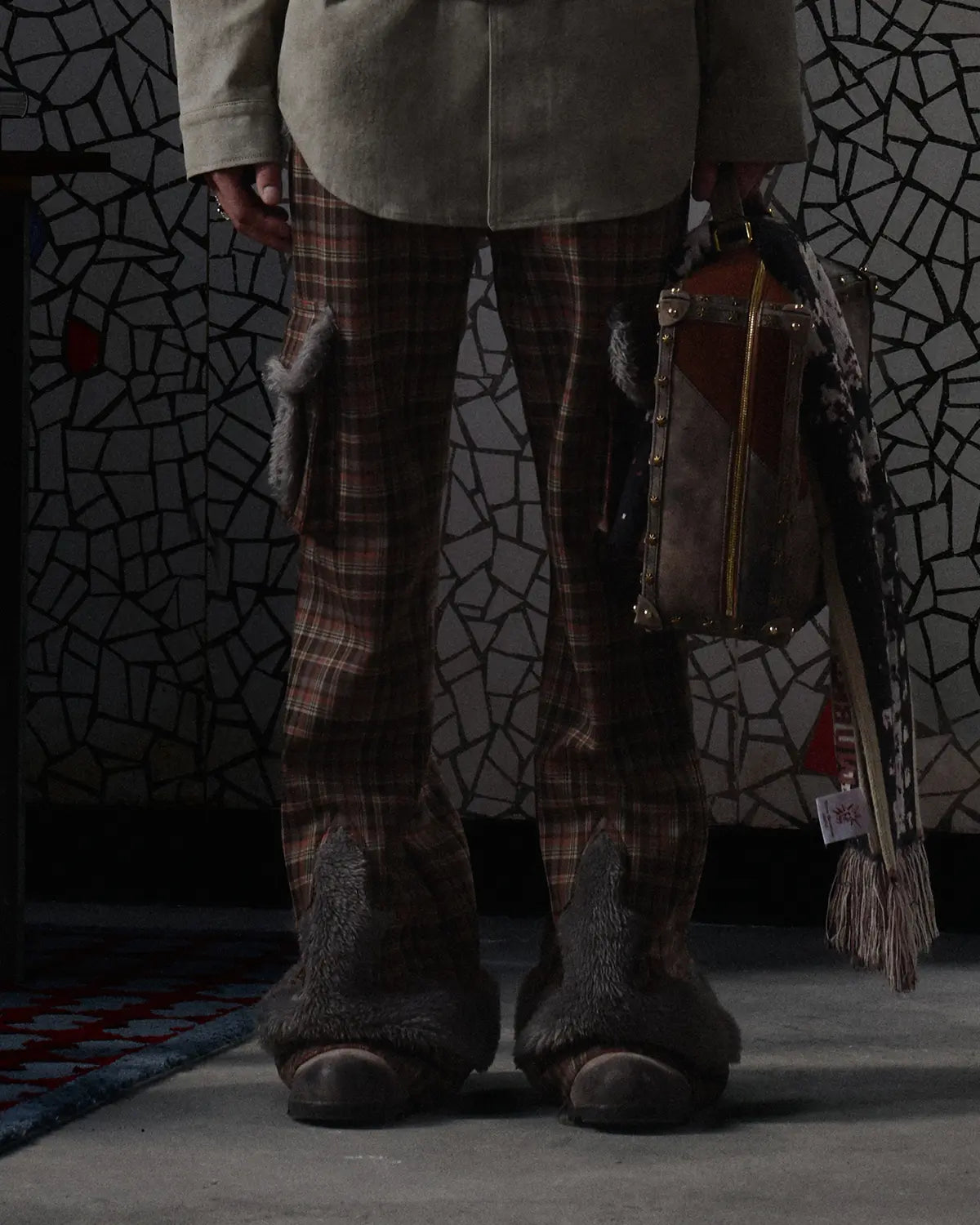 EMO Check Knit-Panel Flare Pants