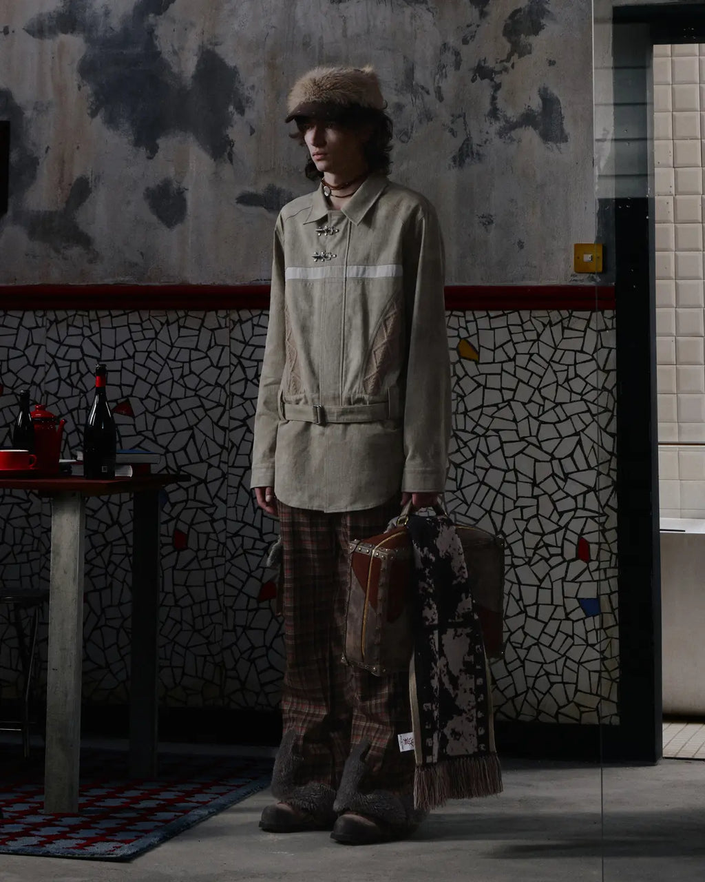 EMO Check Knit-Panel Flare Pants