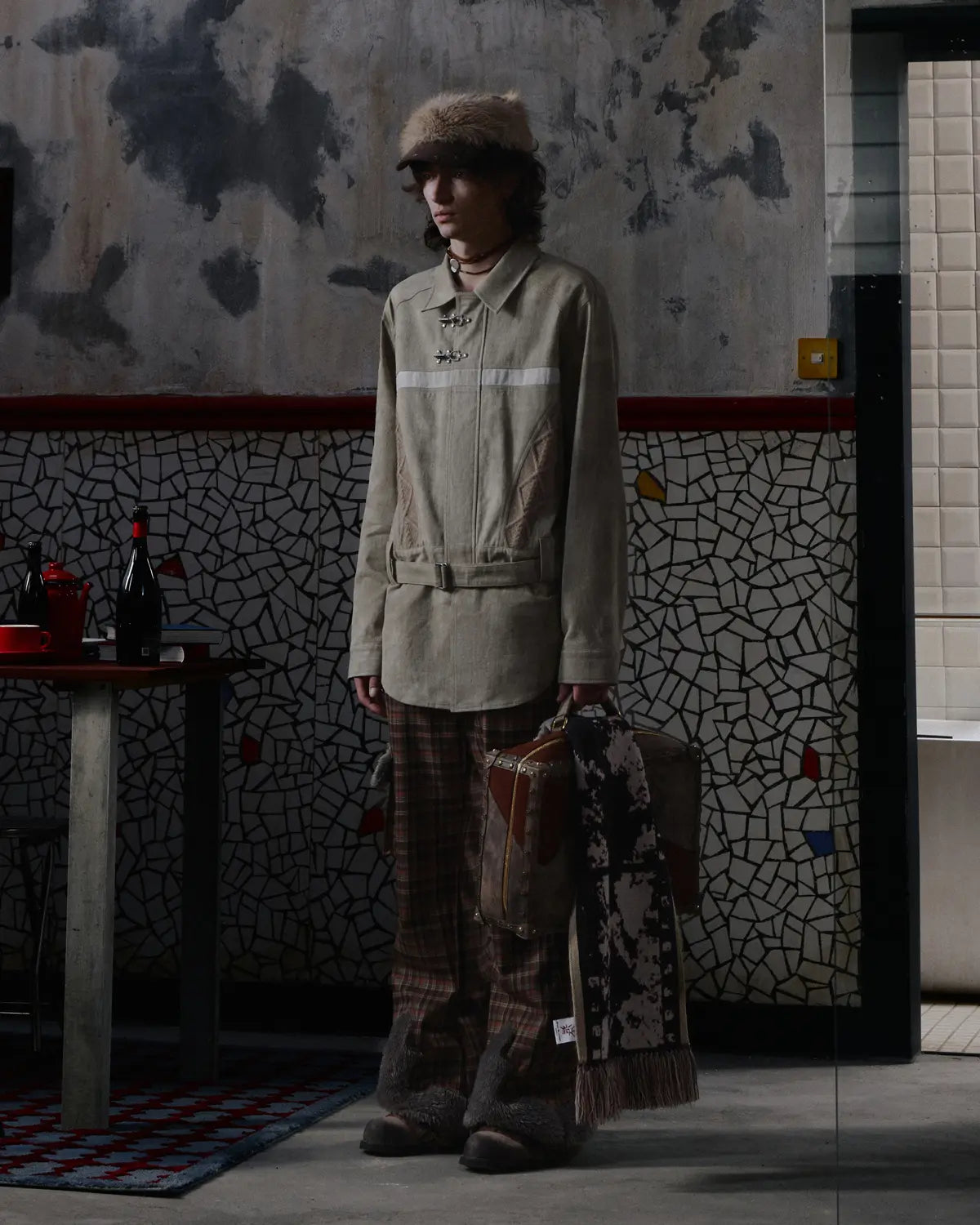 EMO Check Knit-Panel Flare Pants