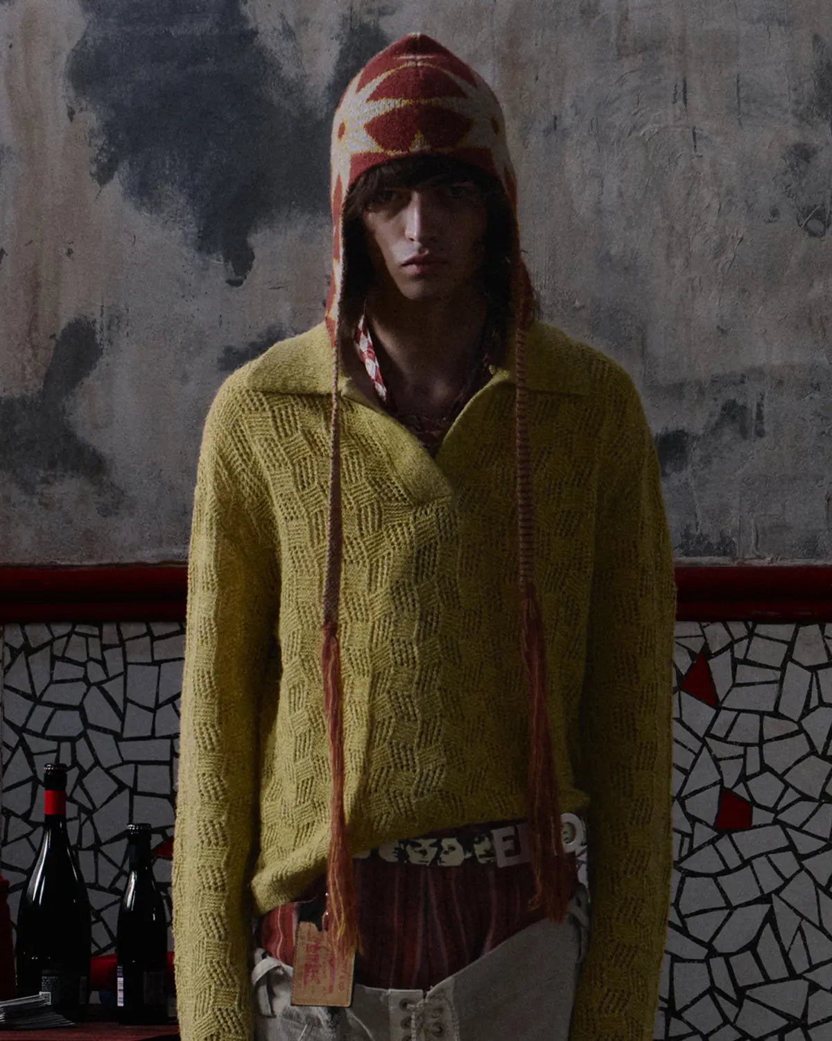 EMO Open-Neck Diamond Knit Relaxed Polo