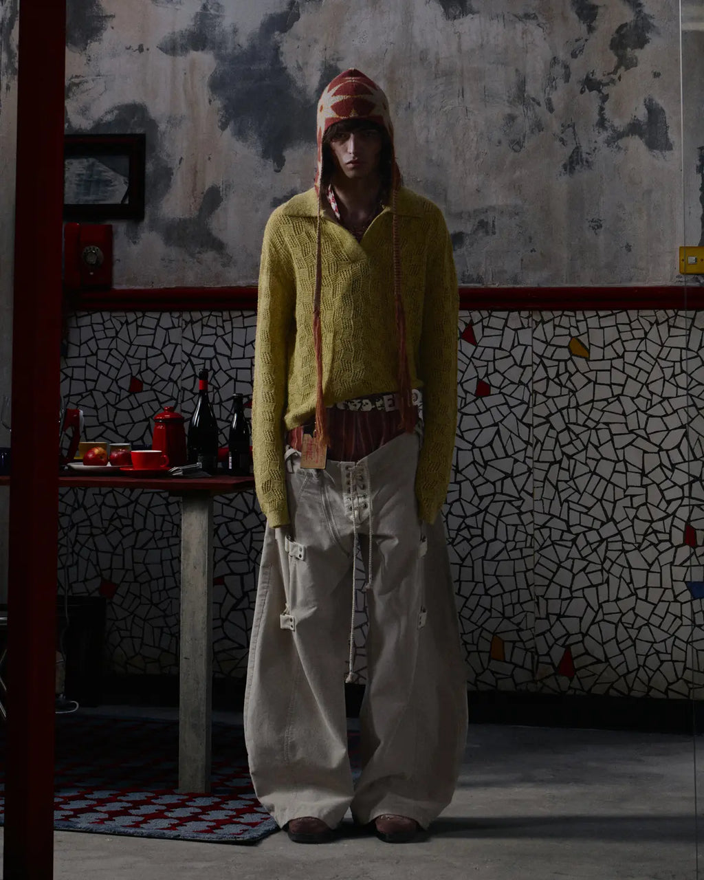 EMO Open-Neck Diamond Knit Relaxed Polo