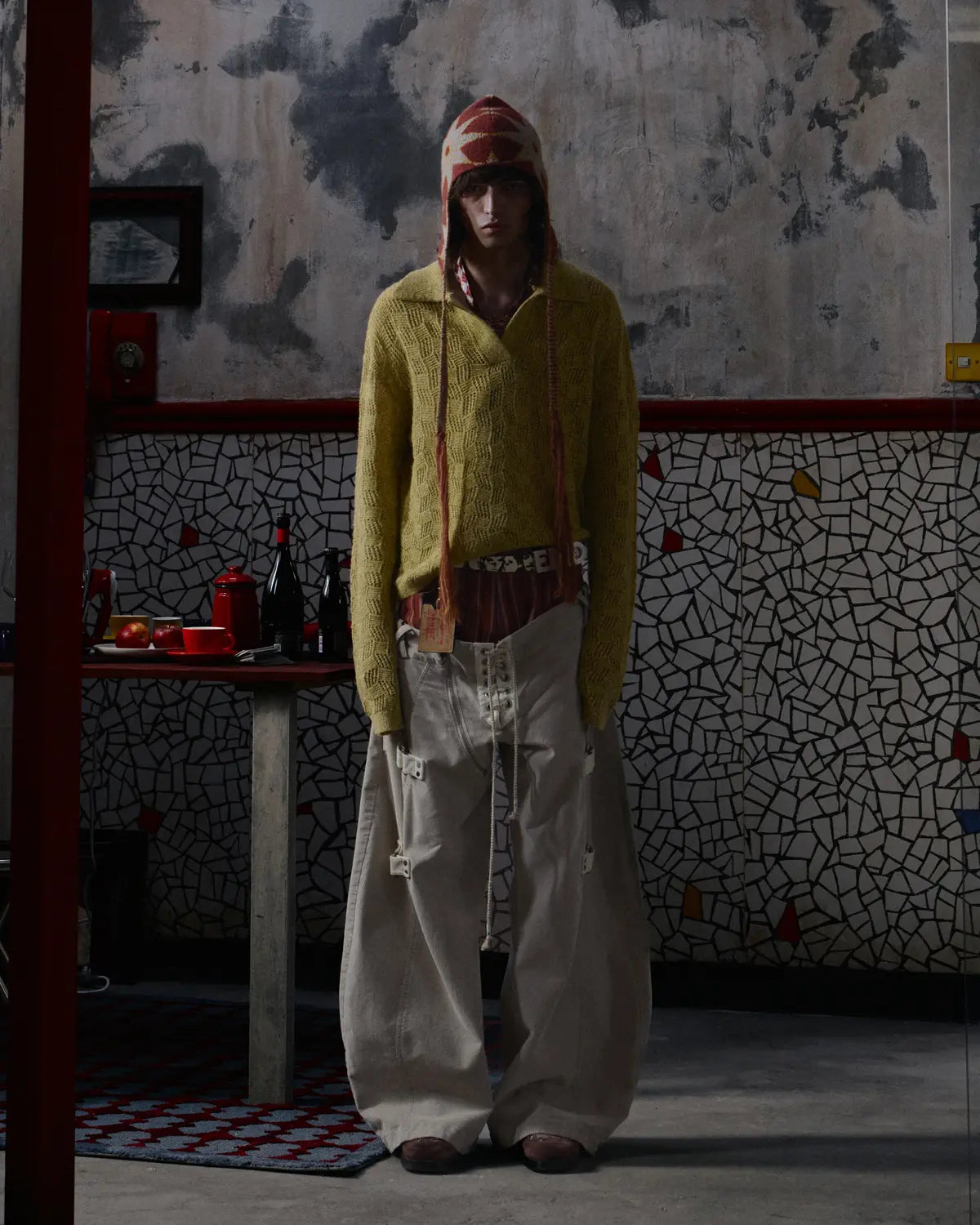 EMO Open-Neck Diamond Knit Relaxed Polo