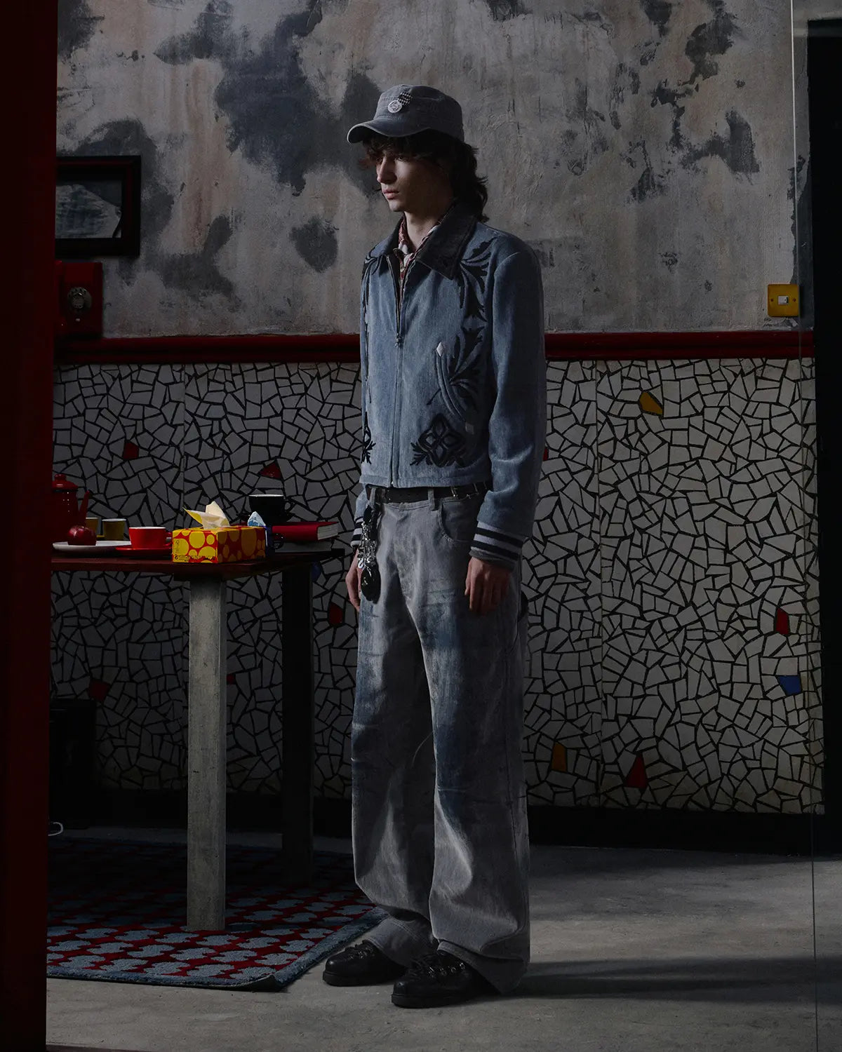 EMO Vintage Velvet Panel Baseball Jacket