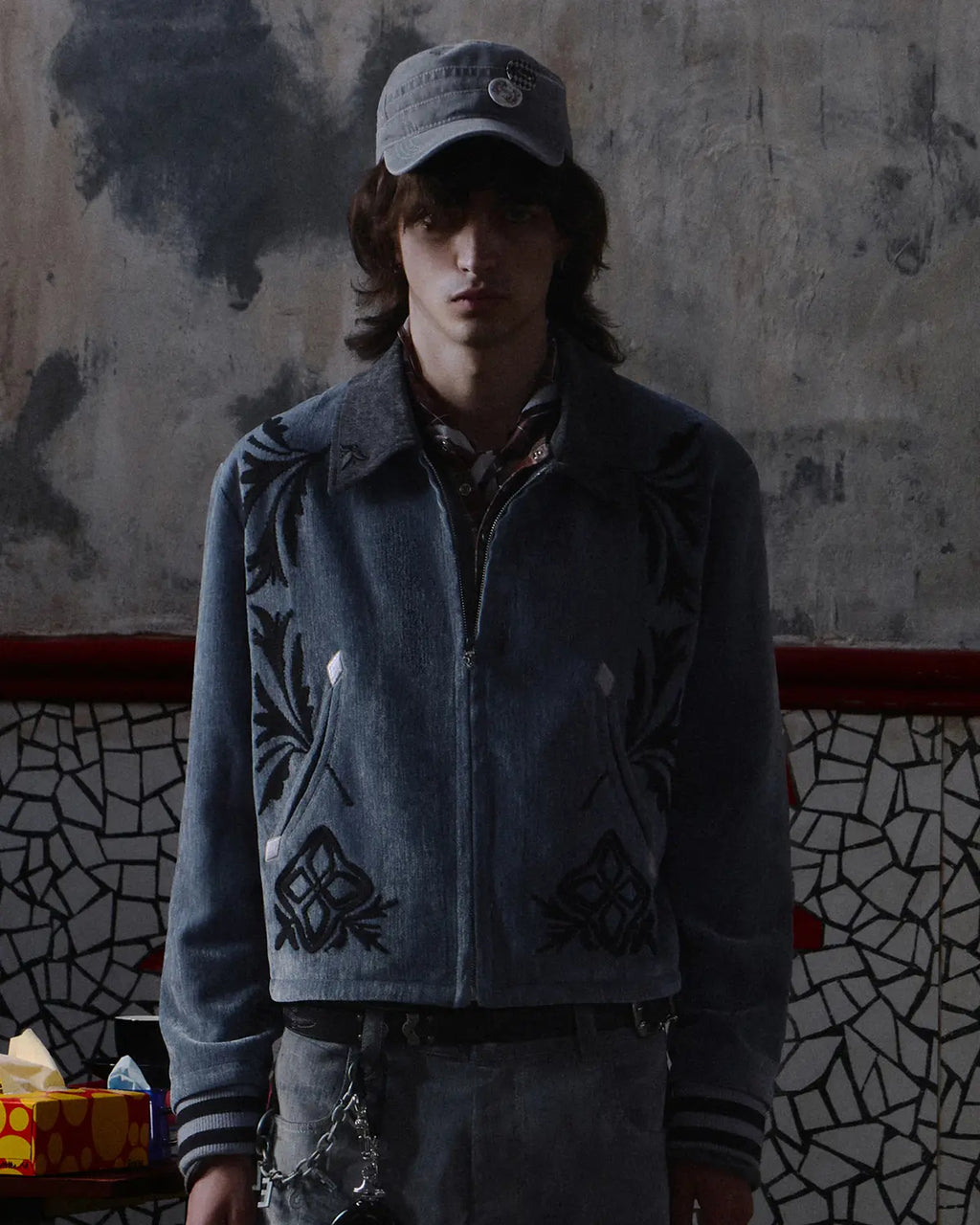 EMO Vintage Velvet Panel Baseball Jacket