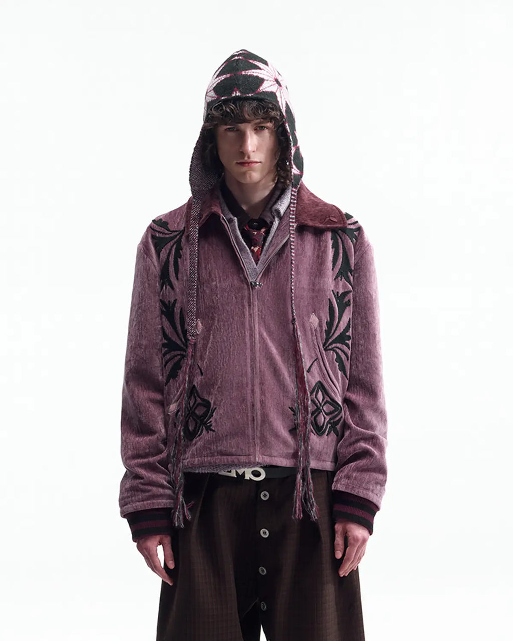 EMO Vintage Velvet Panel Baseball Jacket（Purple）