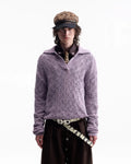 EMO Open-Neck Diamond Knit Relaxed Polo Purple