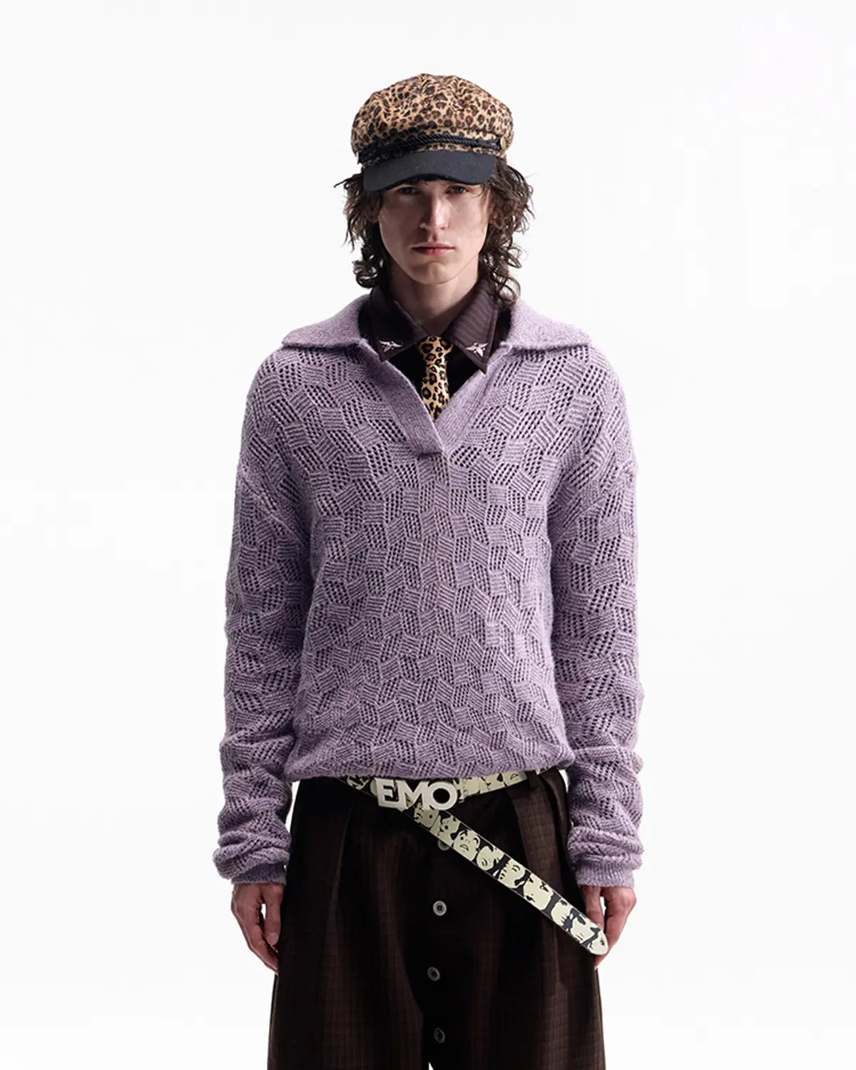 EMO Open-Neck Diamond Knit Relaxed Polo（Purple）