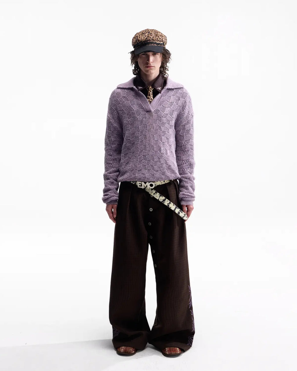 EMO Open-Neck Diamond Knit Relaxed Polo（Purple）