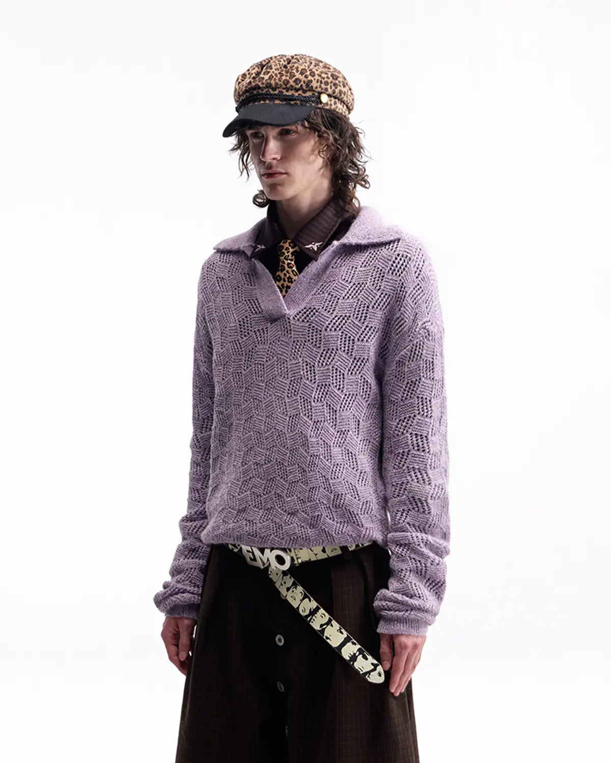 EMO Open-Neck Diamond Knit Relaxed Polo（Purple）