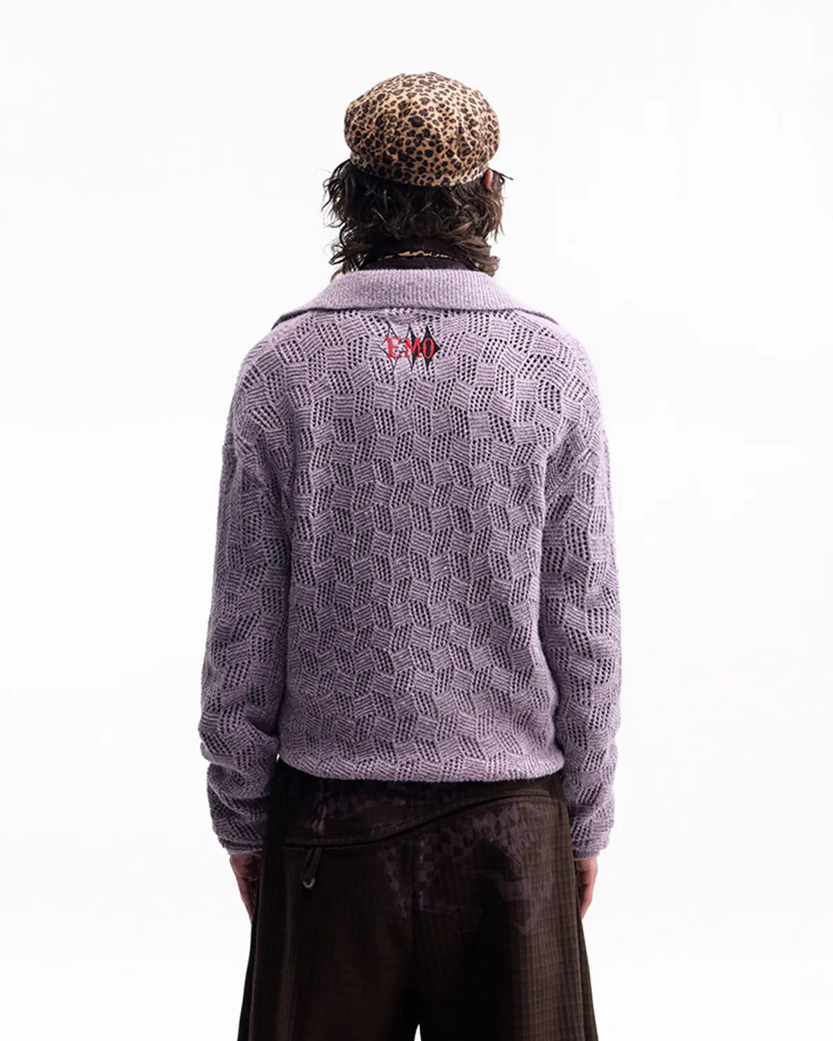 EMO Open-Neck Diamond Knit Relaxed Polo（Purple）