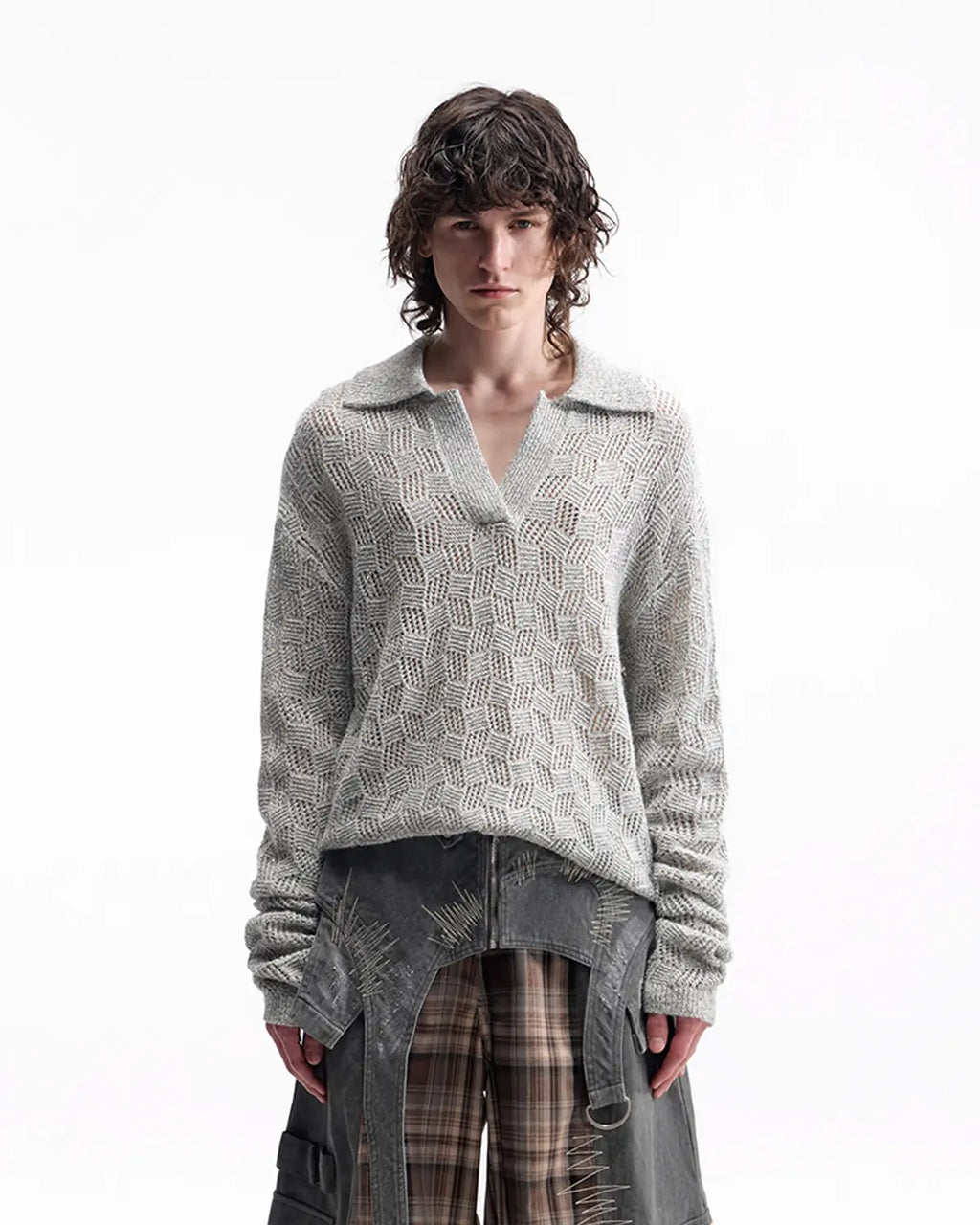 EMO Open-Neck Diamond Knit Relaxed Polo（grey）