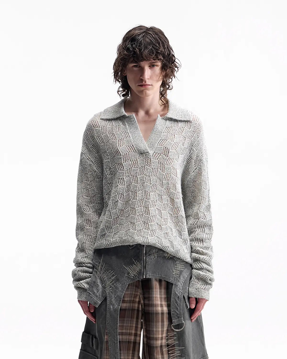 EMO Open-Neck Diamond Knit Relaxed Polo（grey）