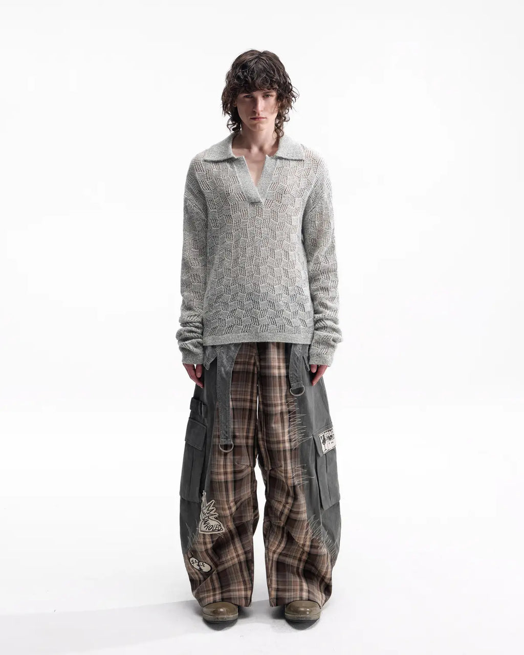 EMO Open-Neck Diamond Knit Relaxed Polo（grey）