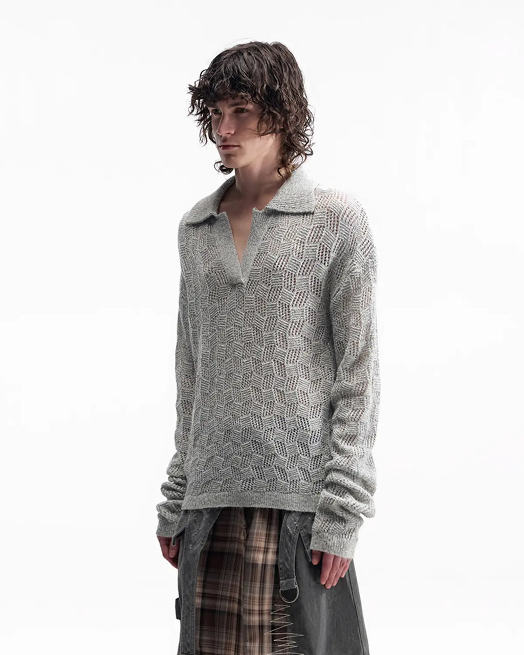 EMO Open-Neck Diamond Knit Relaxed Polo（grey）