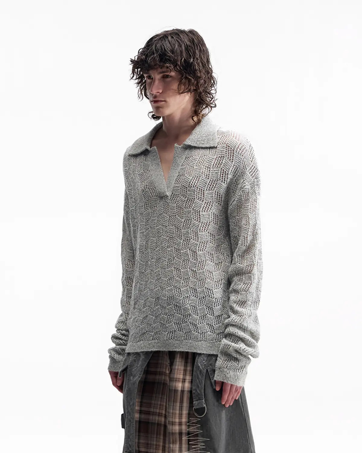 EMO Open-Neck Diamond Knit Relaxed Polo（grey）