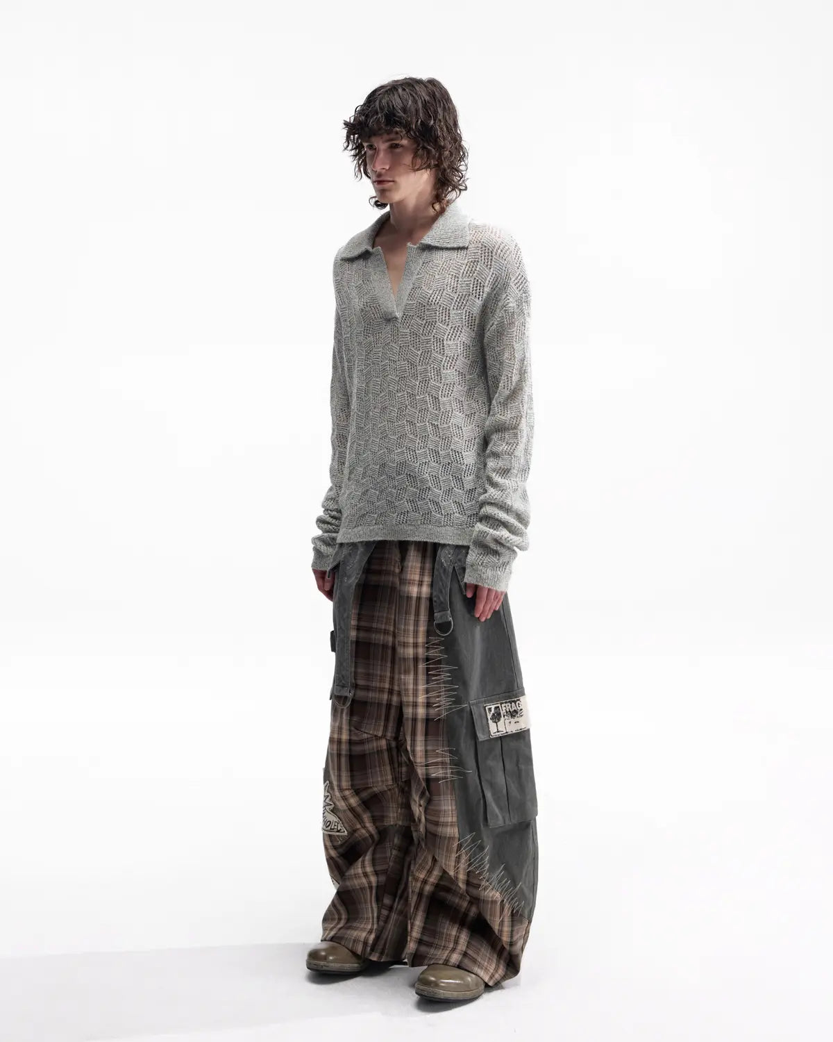 EMO Open-Neck Diamond Knit Relaxed Polo（grey）