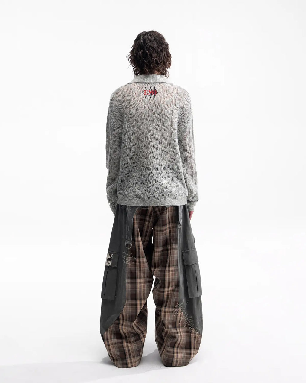 EMO Open-Neck Diamond Knit Relaxed Polo（grey）