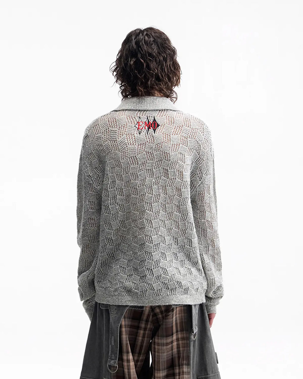 EMO Open-Neck Diamond Knit Relaxed Polo（grey）