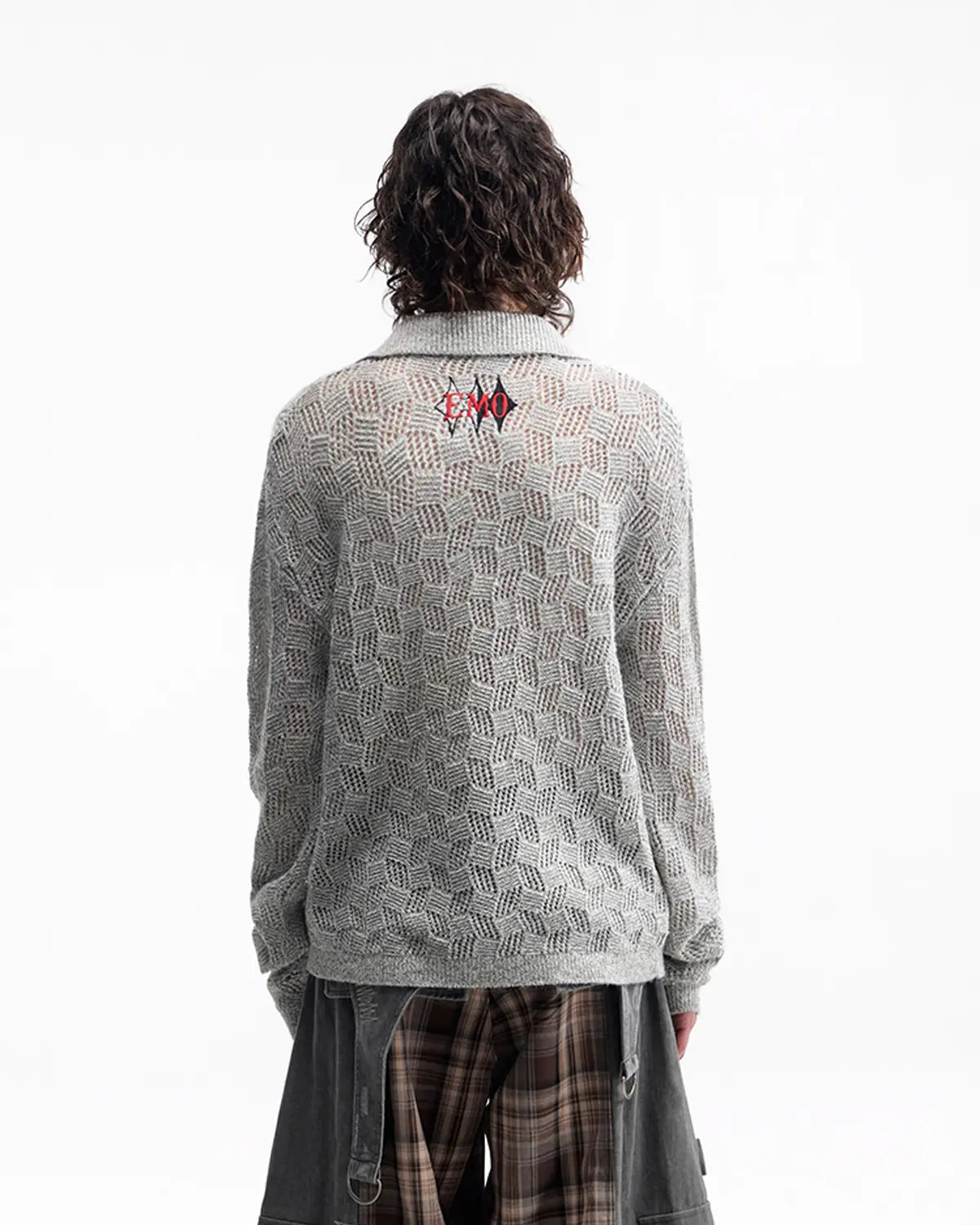 EMO Open-Neck Diamond Knit Relaxed Polo（grey）