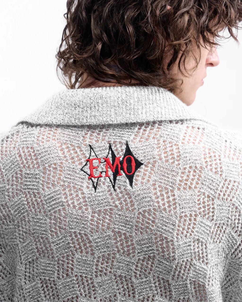 EMO Open-Neck Diamond Knit Relaxed Polo（grey）