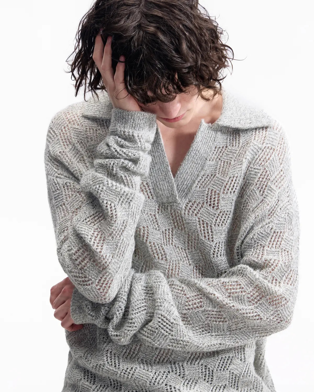 EMO Open-Neck Diamond Knit Relaxed Polo（grey）