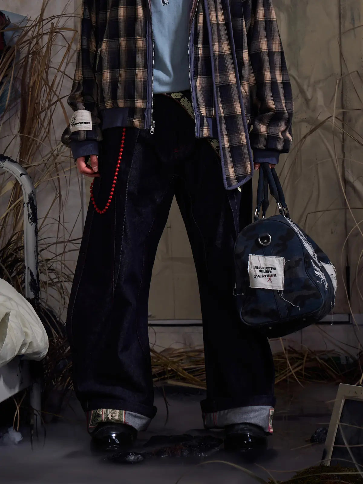 EMO "No Money No Peace" Raw Denim Curved Cut Jeans