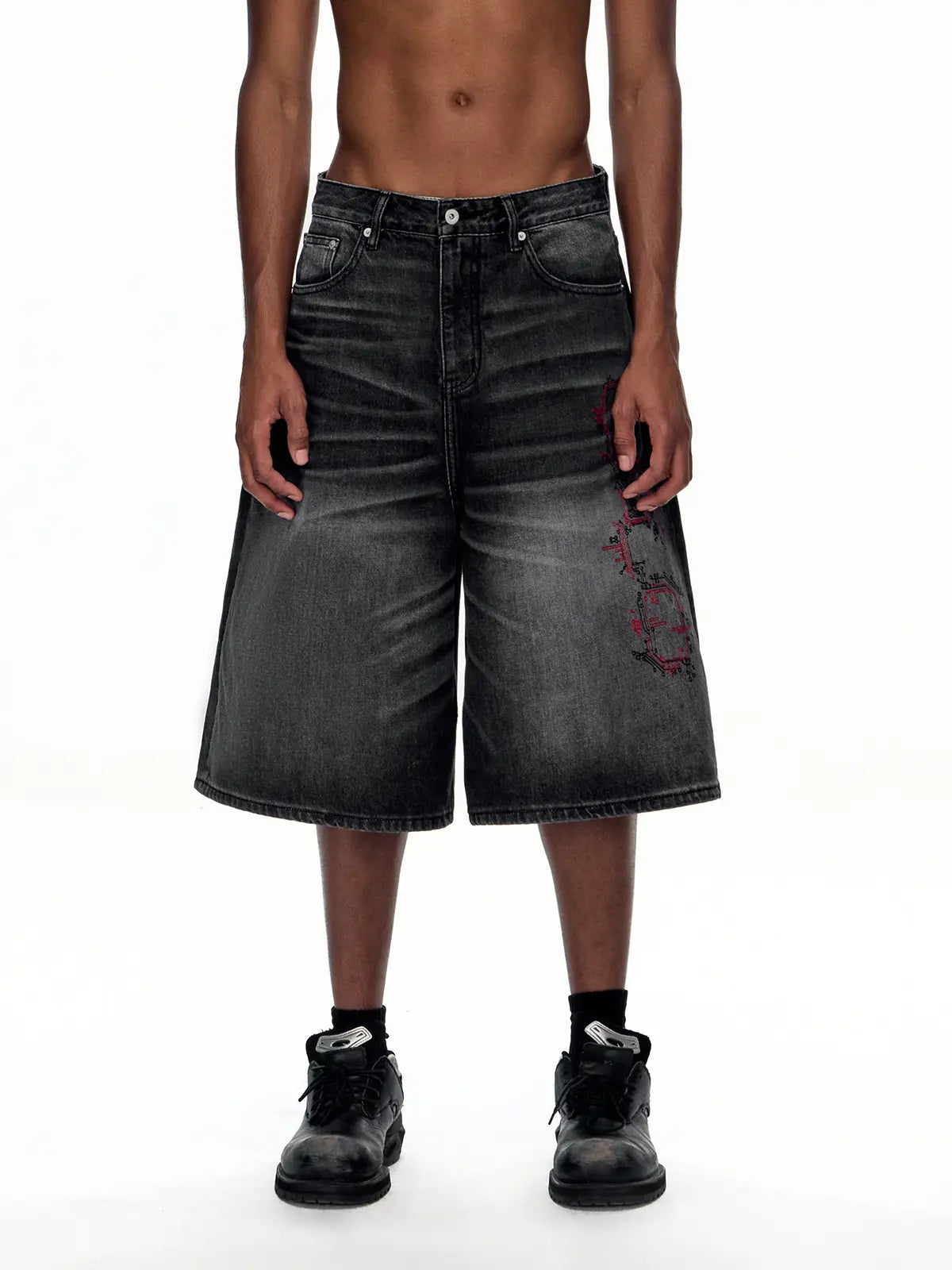 Wide Leg Denim Jorts front black