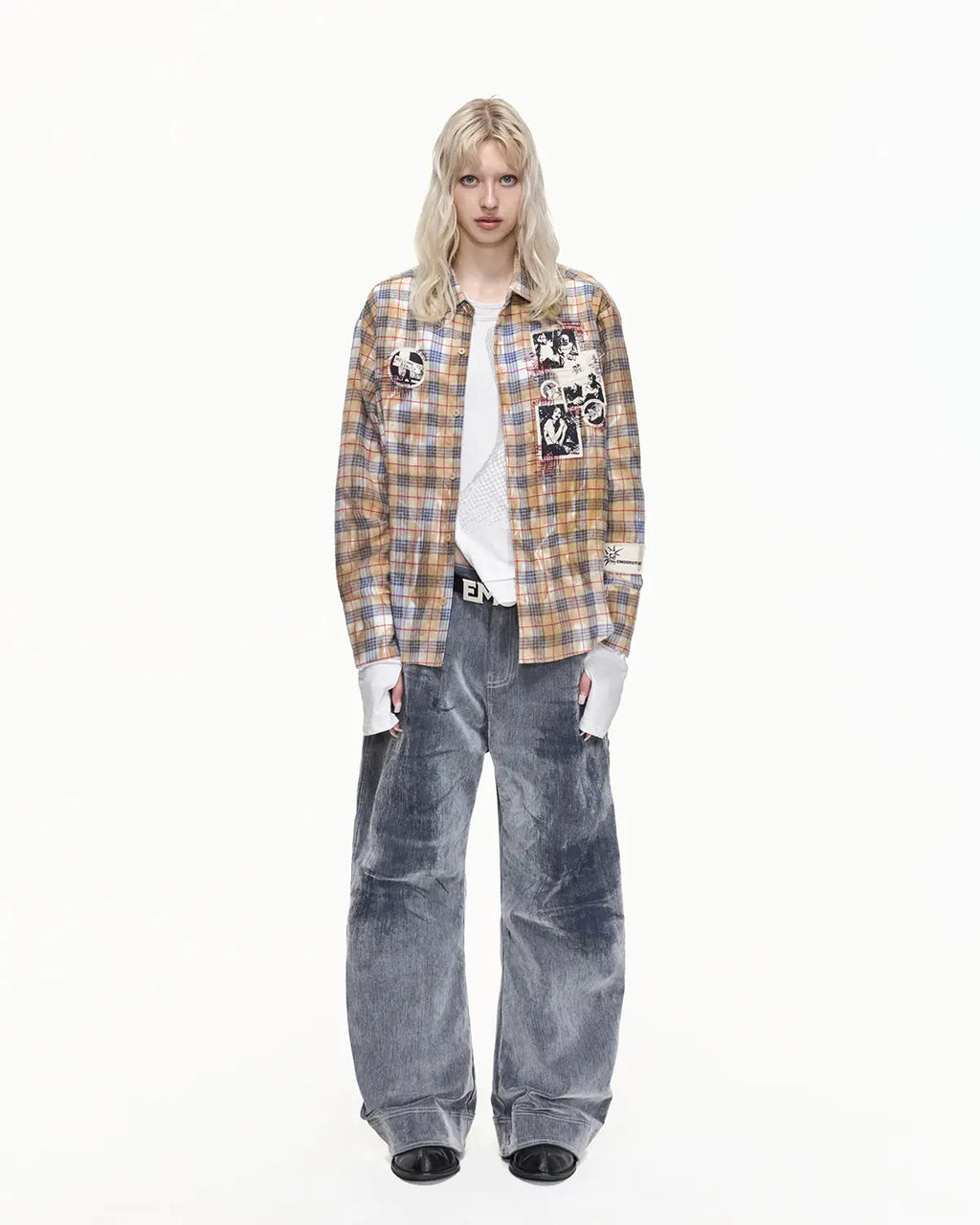 EMO Grunge Patchwork Stain Plaid Shirt