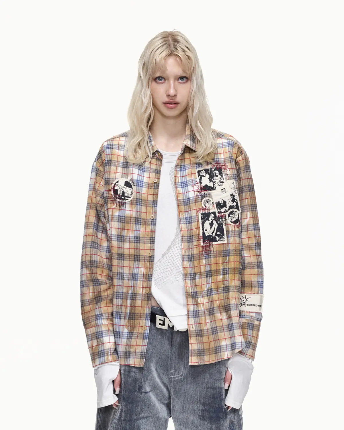 EMO Grunge Patchwork Stain Plaid Shirt