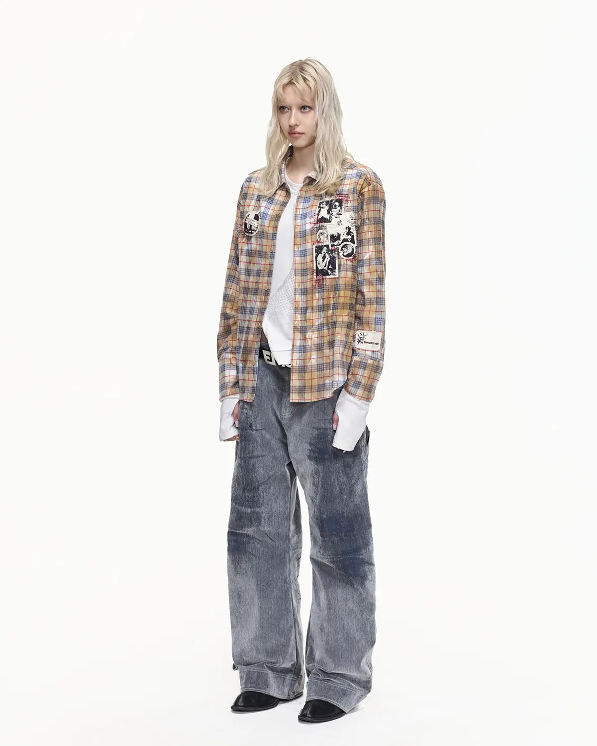 EMO Grunge Patchwork Stain Plaid Shirt
